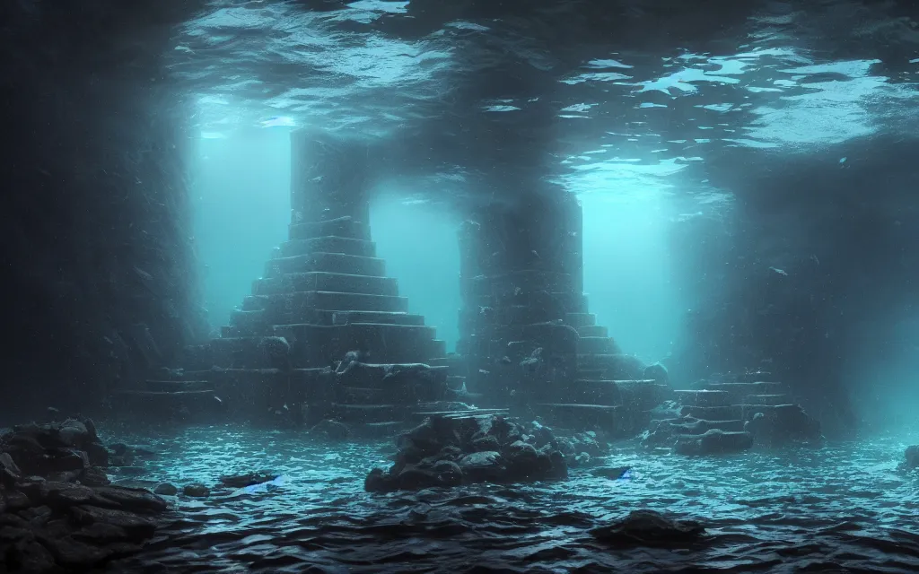 Prompt: wide shot, submerged pre - incan temple, dark, grenada underwater sculpture park, symmetrical, bubbles, abyss, anime style mixed with fujifilm, detailed gouache paintings, stylized, dark, murky, foggy, atmospheric, artstation, cgsociety, octane render, cgi, unreal engine 5, denoise, cinematic masterpiece