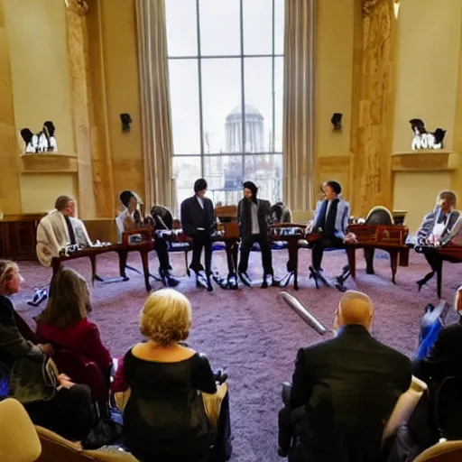 Prompt: a picture from a reporter covering the first ever meeting of the puppy senate, featuring puppies dressed in suits