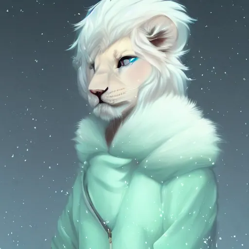 Prompt: aesthetic portrait commission of a albino male furry anthro lion wearing a cute mint colored cozy soft pastel winter outfit, winter atmosphere character design by charlie bowater, ross tran, artgerm, and makoto shinkai. art from furaffinity, weasyl, deviant art, inkbunny