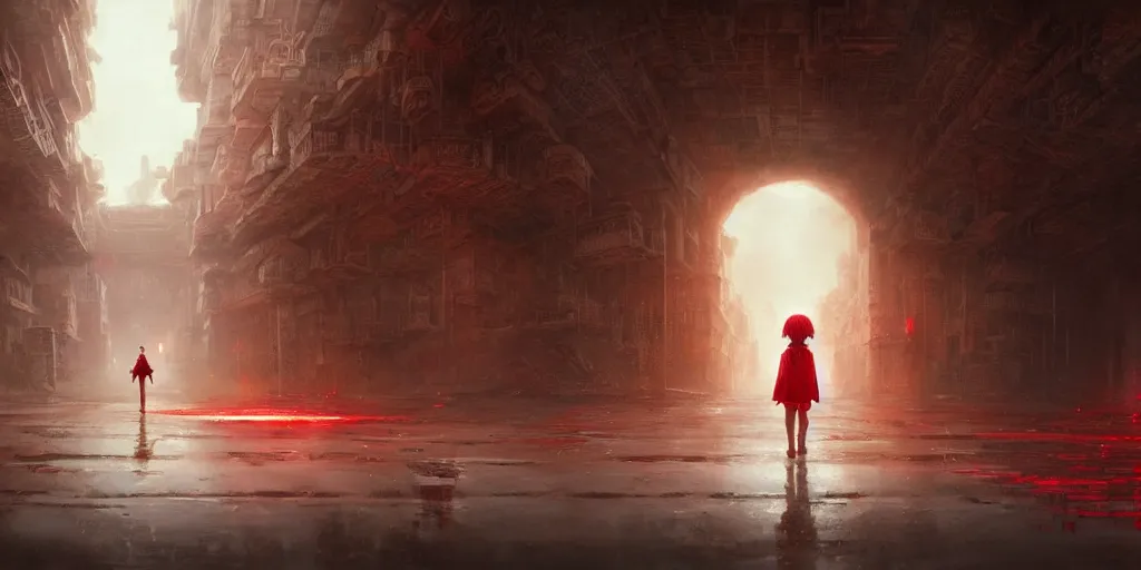 Image similar to a lost city with a loli in red standing in the middle of the road, 4 k resolution, ultra detailed, matte oil painting, mysterious, artstation, art by greg rutkowski