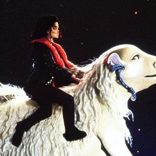 Image similar to Michael Jackson riding on top of Falkor from the film The Neverending Story