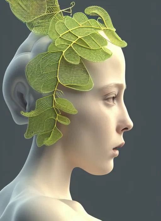 Prompt: complex 3d render ultra detailed of a beautiful porcelain profile young woman face, biomechanical cyborg, 150 mm lens, beautiful studio soft light, rim light, lemon details, big leaves and stems, roots, fine foliage lace, mesh wire, Alexander Mcqueen high fashion haute couture, art nouveau fashion embroidered, intricate details, hyper realistic, ultra detailed, mandelbrot fractal, anatomical, facial muscles, cable wires, microchip, elegant, octane render, H.R. Giger style, black eyes, plump lips, brown skin, volumetric lighting, 8k post-production, trending on Artstation