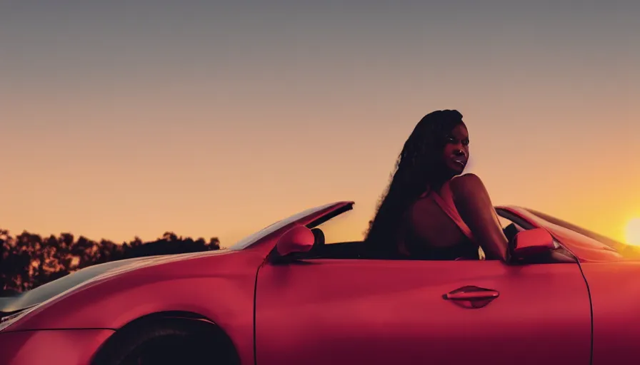 Image similar to a black woman sitting on a red sports car looking at the sunset, golden hour, cinematic, establishing shot