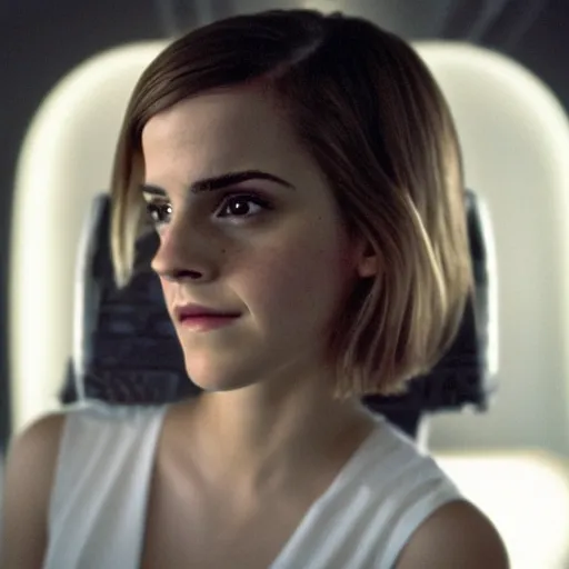 Prompt: emma watson, inside airplane, film still, fujifilm reala