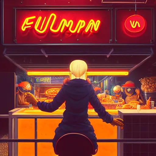 Image similar to illustration of an anthropomorphic vulpes vulpes fulva woman at a noodle stand eating ramen in the crowded street of a cyberpunk city, rain, harsh neon lighting, realistic, ultra detailed, by greg rutkowski, wlop, sakimichan, artgerm