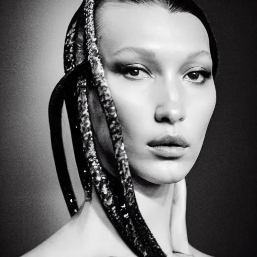 Image similar to bella hadid as maison margiela model on rammstein show. exposure. mysterious. tape photo. processing. lost photo. deep dream effect. award wining photography.. perfect composition. photography masterpiece. contemporary art. abstract photo