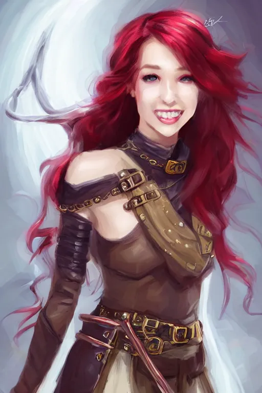 Image similar to a full body portrait of a gorgeous female ranger, looking at camera, D&D, choker on neck, stylish dress, very long flowing red hair, intricate, elegant, stylish, cute slightly nerdy smile, mouth slightly open, fantasy, extremely detailed, digital painting, artstation, concept art, smooth, sharp focus, illustration, stunning lighting, art by artgerm and greg rutkowski and alphonse mucha and simon stalenhag