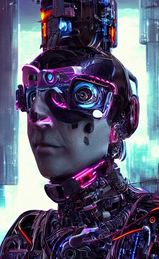 Image similar to a beautiful!! photo of a middle - aged!! bionic!! male!!, cyberpunk, augmented vision, volumetric light, photography, dystopian, extremely detailed, photorealistic!, stunning, digital art trending on artstation, orange, cyan, washed out colors