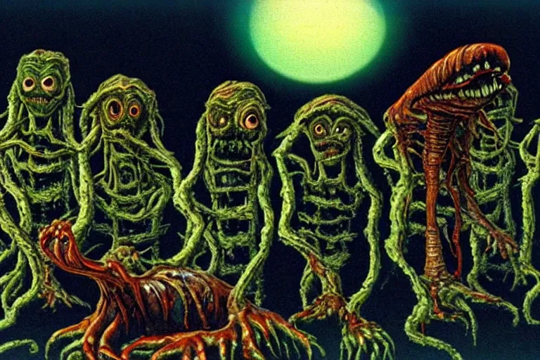 Image similar to scary filmic wide shot angle movie still 35mm film color photograph of a shape shifting horrific nightmarish abstract alien organism from The Thing 1982 with grotesque distorted multiple human faces spewing toxic liquid from an alien plant made out of flesh, in the style of a horror film