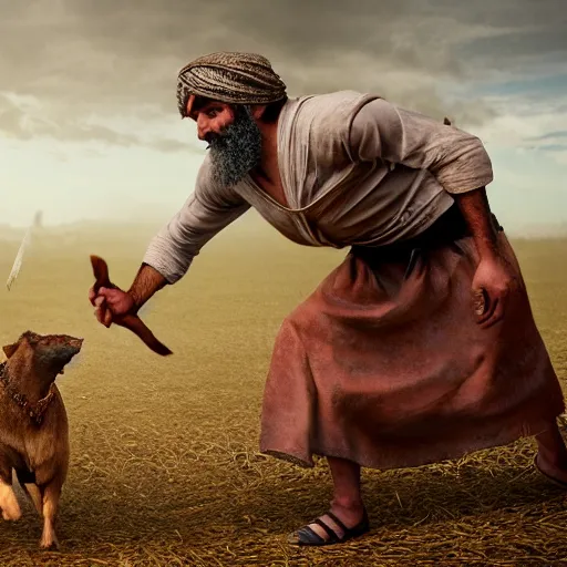 Prompt: photographic portrait of angered Mediterranean skinned man in ancient Canaanite farmer clothing fighting a Mediterranean skinned shepherd in ancient Canaanite shepherd clothing, farm field background, sharp detail, hyper realistic, foggy atmosphere, intense facial expression, octane render