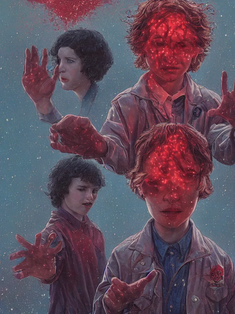 Prompt: A new Stranger Things poster, a detailed painting featuring Finn Wolfhard (Mike Wheeler) from Stranger Things turned on his back floating around being surrounded by red dust from the series, spiders crawling out of the ground, rain, fear, Andrew Ferez traits, cg society, fantasy art, biomorphic, mystical, whimsical, 8k