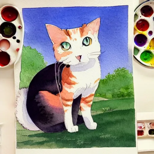 Prompt: a watercolour painting of a cute calico cat in style of ghibli