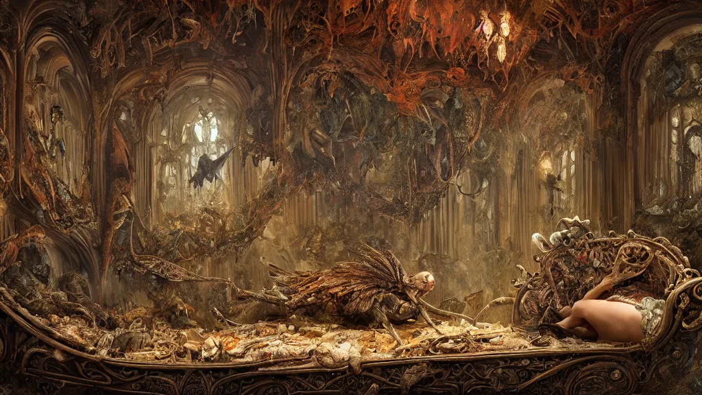 Prompt: inside of angel anatomy sitting on an ornate victorian couch made out of decomposing animals, intricate, detailed, volumetric lighting, sharp focus, photorealism, digital painting, highly detailed, concept art, by roger dean and simon stalenhag and mark brooks