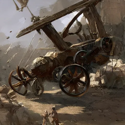 Image similar to a sling catapult machine sending rocks flying, cart wheels, epic fantasy style art by Craig Mullins, fantasy epic digital art