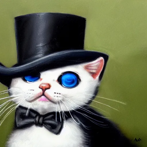 Image similar to a photorealistic, detailed, 4 k, painting of a baby cat wearing a top hat and monocle