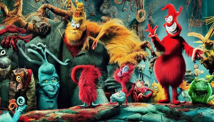 Image similar to full - color cinematic movie still from a live - action “ dr. seuss ” horror film directed by “ guillermo del toro ”. the scene features bizarre whimsical imaginary animals from the story “ if i ran the zoo ”. highly - detailed ; photorealistic ; frightening.