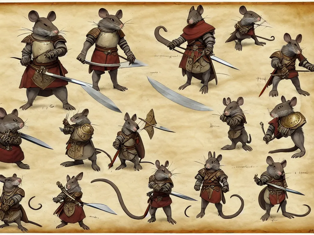 Image similar to character design sheet for a heroic mouse knight with sword and shield on a parchment background, redwall, greg rutowski and jean baptiste monge, very very detailed, epic fantasy concept art