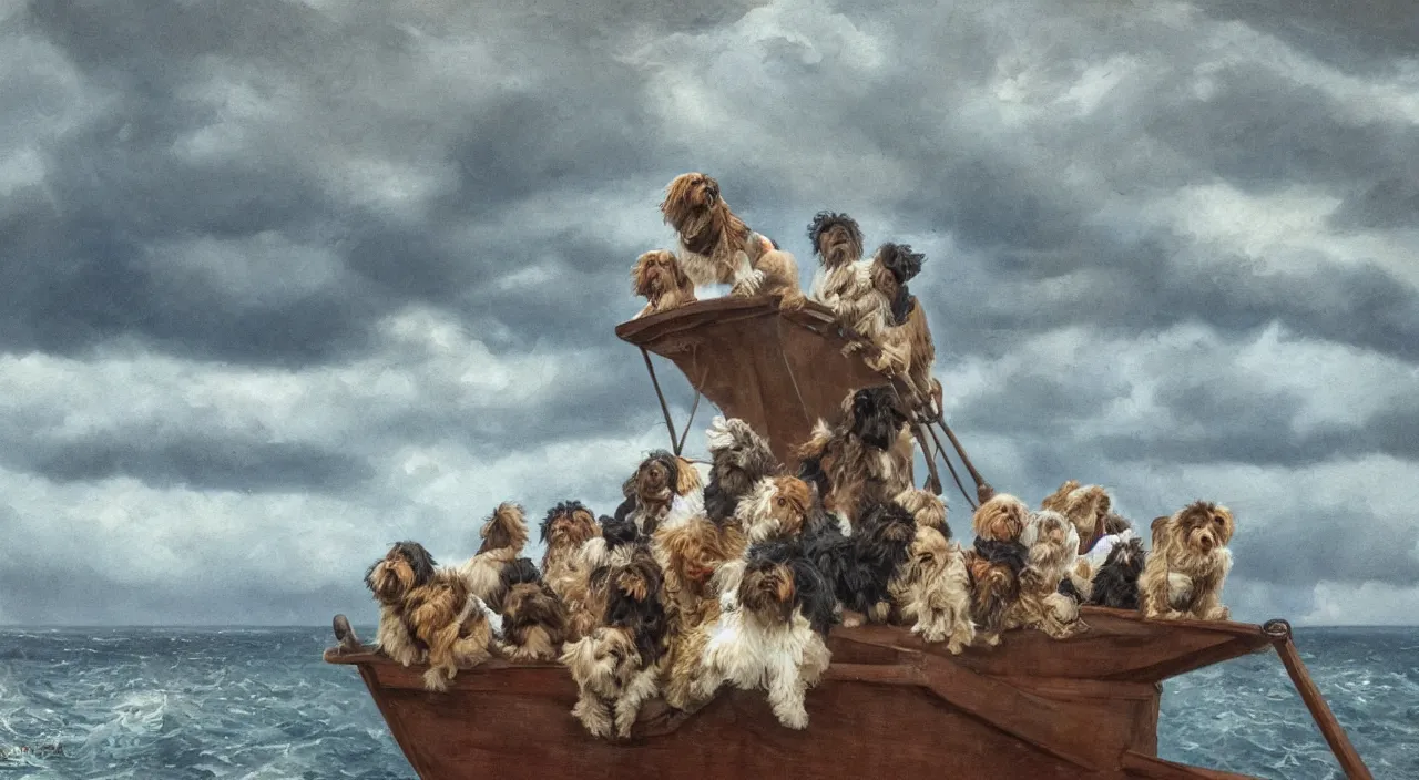 Image similar to havanese dogs and men looking worried, standing on top of a barquetine sailing boat, stormy skies, 1 9 0 0, looking out to the see, leaving the port at havana, 1 9 0 0, tartakovsky, atey ghailan, goro fujita, studio ghibli, rim light, dark lighting, clear focus, very coherent