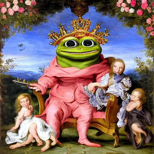 Image similar to realistic Pepe frog relaxed in a king's chair surrounded by beautiful women and flowers, clear weather, Peter Paul Rubens style