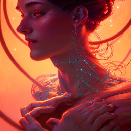 Image similar to Portrait of a polymorphic girl surrounded by glowing nodes, face, fantasy, intricate, elegant, highly detailed, digital painting, artstation, concept art, smooth, sharp focus, illustration, art by Jesper Ejsing and Fernanda Suarez and Artem Demura and alphonse mucha