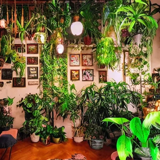 Image similar to a bohemian room with a lot of plants and neon lights, highly detailed, photorealistic