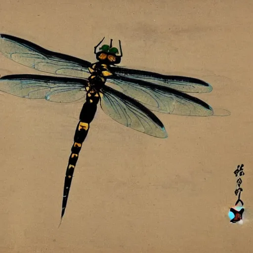 Prompt: a chinese painting of a dragonfly by qi baishi