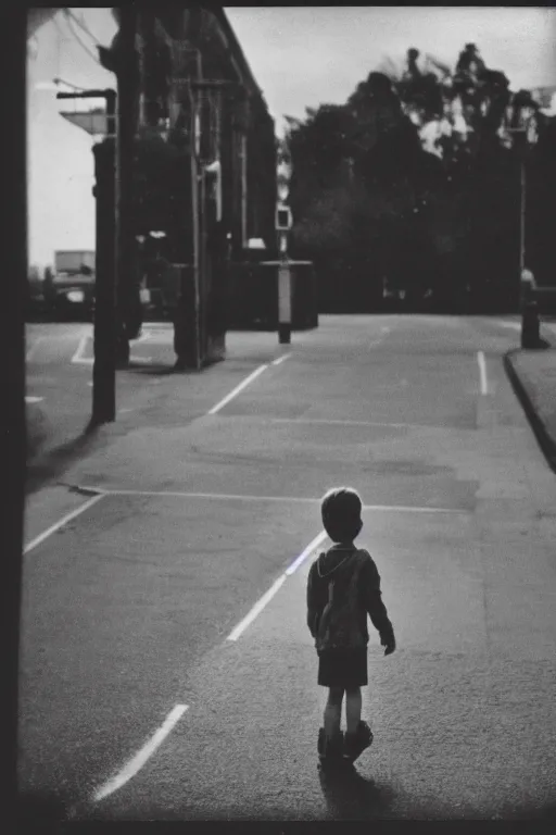 Image similar to photo polaroid of sad and lonely child in the middle of the street, looks towards a funfair, loneliness, black and white ,photorealistic, 35mm film,high detailed