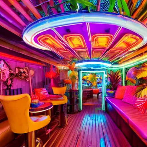 Image similar to architectural digest photo, inside a crowded futuristic neon tiki bar inside a yacht, tropical plants, blue lighting with small pastel orange and pink accent lights, crowd of cool people dancing