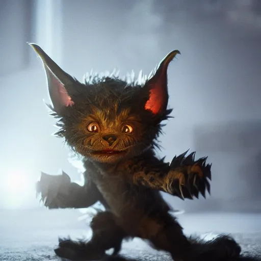 Image similar to full body pose, hyperrealistic photograph of a cute fuzzy goblin monster, dim volumetric lighting, 8 k, octane beautifully detailed render, extremely hyper detailed, intricate, epic composition, cinematic lighting, masterpiece, trending on artstation, very very detailed, stunning, hdr, smooth, sharp focus, high resolution, award, winning photo, dslr, 5 0 mm