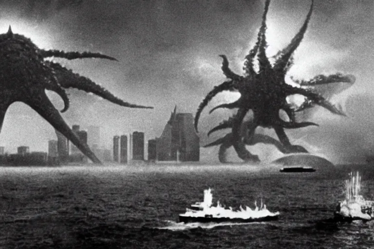 Image similar to a filmstill of Kim Jong-il and a Starro Kaiju monster destroying Pyongyang, in Godzilla (1954) by Ishirō Honda, traditional Korean city, palace, epic ultrawide shot, cinémascope