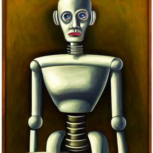 Image similar to sad robot portrait, visage, dystopian, pj crook, edward hopper, oil on canvas