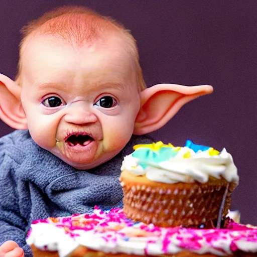 Prompt: (baby yoda) smashing birthday cake into his face, happy birthday, happy birthday candles, mischievous, inquisitive, devious, hilarious, funny, birthday wrapped PRESENTS, by Erin Hanson