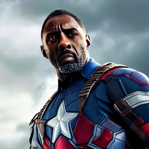 Image similar to film still of Idris Elba as Captain America in new Avengers film, photorealistic 8k