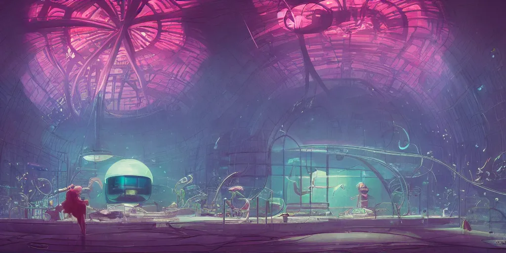 Image similar to undersea laboratory interior with organic circular windows, figures, soft neon lights, bright colors, cinematic, cyberpunk, smooth, chrome, lofi, nebula, calming, dramatic, fantasy, by Moebius, by zdzisław beksiński, fantasy LUT, studio ghibli, high contrast, epic composition, sci-fi, dreamlike, surreal, angelic, 8k, unreal engine, hyper realistic, fantasy concept art, XF IQ4, 150MP, 50mm, F1.4, ISO 200, 1/160s, natural light, Adobe Lightroom, photolab, Affinity Photo, PhotoDirector 365