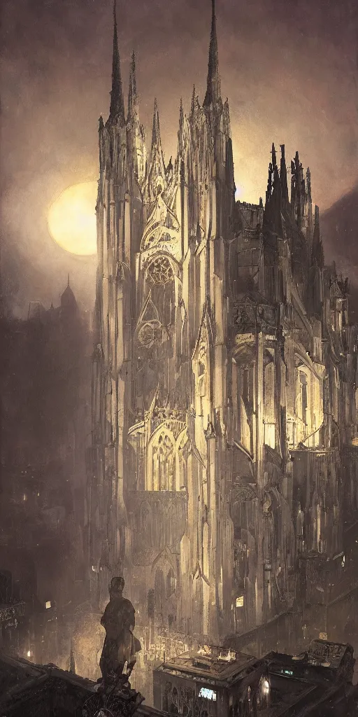 Image similar to moonlit vista, dieselpunk gothic cathedral, painted by ruan jia, petrol oil, lawrence alma tadema, zdzislaw beksinski, norman rockwell, jack kirby, tom lovell, alex malveda, greg staples, hand of fear, bbc, tv