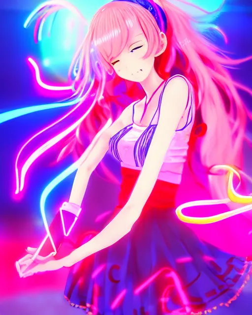 Image similar to anime style, vivid, expressive, full body, 4 k, painting, a cute magical girl idol with a long wavy colorful hair wearing a colorful dress, correct proportions, stunning, realistic light and shadow effects, neon lights, studio ghibly makoto shinkai yuji yamaguchi, wlop