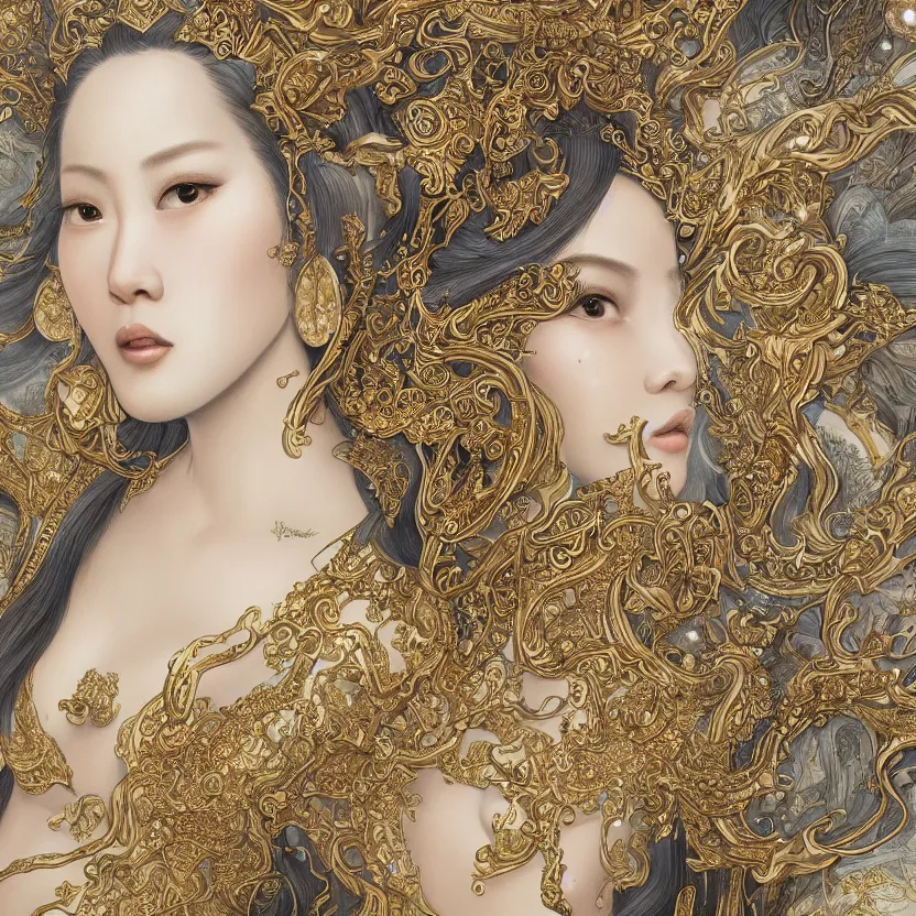 Image similar to amazing exquisite matte painting, front close - up portrait of a chinese white loong, sacred,, shimmer, exquisite detail huge details, gold detailed line work, by xision and yukii morita,, james jean, trending on artstation