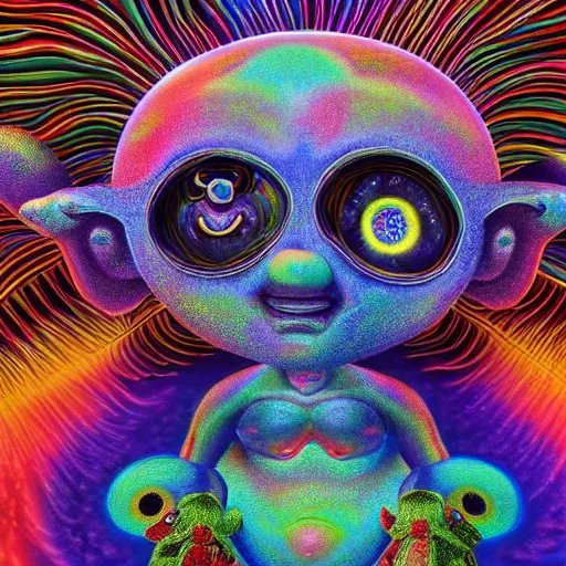 Prompt: dark fantasy, 4 k, textured 3 d, intense detail, psychedelic teddy bears with googly eyes, amazing background, alex grey style