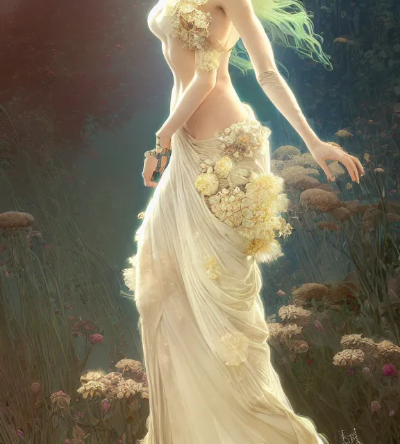 Image similar to Floralpunk elysian Maiden of radiant light wearing ivory lace dress made of stardust 4k digital illustration by Ruan Jia by artgerm, award winning art, Artstation, art nouveau aesthetic, Alphonse Mucha background, intricate details, realistic, full view, Artstation, CGsociety