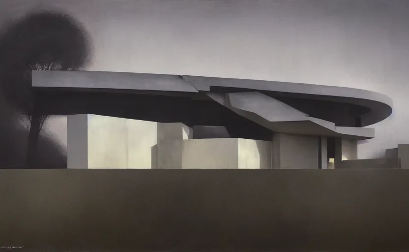 Prompt: An Exterior wide angle shot of a cyberpunk futuristic modern architecture house by Peter zumthor, Zaha Hadid and James Turrell, Craig Mullins, Edward Hopper and James Gilleard, Zdzislaw Beksinski, Mark Ryden, Wolfgang Lettl highly detailed, hints of Yayoi Kasuma , Dark atmospheric sad and cinematic lighting, Trending on artstation, Archviz, Archdaily, Deezen, Design milk, Architectural visualisation