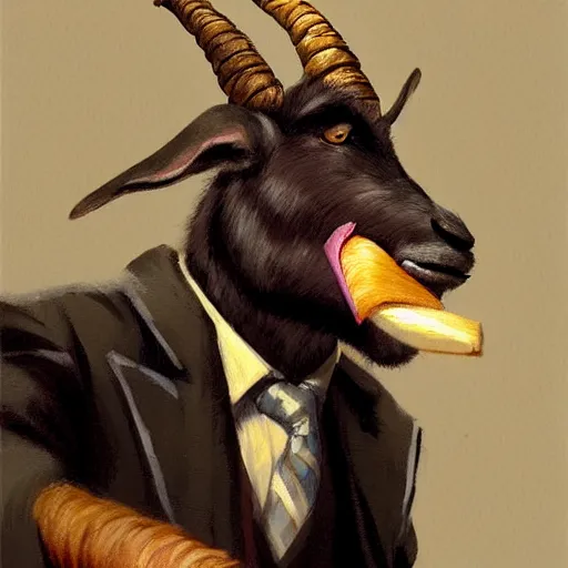 Image similar to award winning character art commission of an anthro furry humanoid goat smoking a cigar, three piece suit, character concept design, painting, detailed, vivid, trending on artstation, art by greg rutkowski