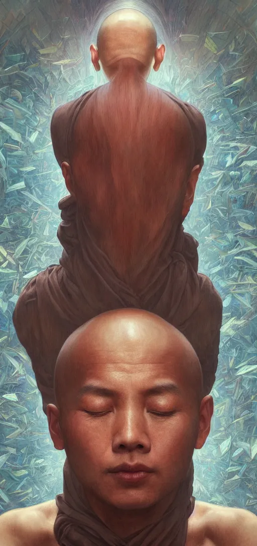 Image similar to ultra realistic illustration, a serene buddhist monk experiencing ego death, cyberpunk, sci-fi, fantasy, intricate, elegant, highly detailed, digital painting, artstation, concept art, smooth, sharp focus, illustration, art by artgerm and greg rutkowski and alphonse mucha, rene magritte, surrealism