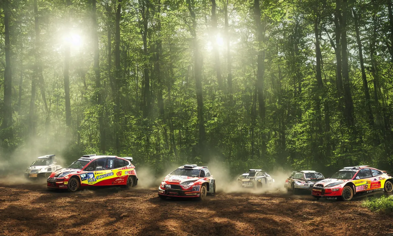 Prompt: 3 rally cars racing through a forest with a river behind them, sun shining through the trees, motion blur high detail ultra realistic 8k,