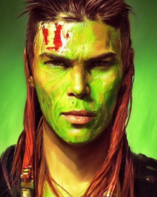 Prompt: '' Face portrait of a scarred fighter with a neon lime leather coat, neck chains, long hair with a ponytail , sci-fy, cyberpunk, high detail, 4k , digital painting, artstation, concept art, sharp focus, illustration, art by greg rutkowski and alphonse mucha ''