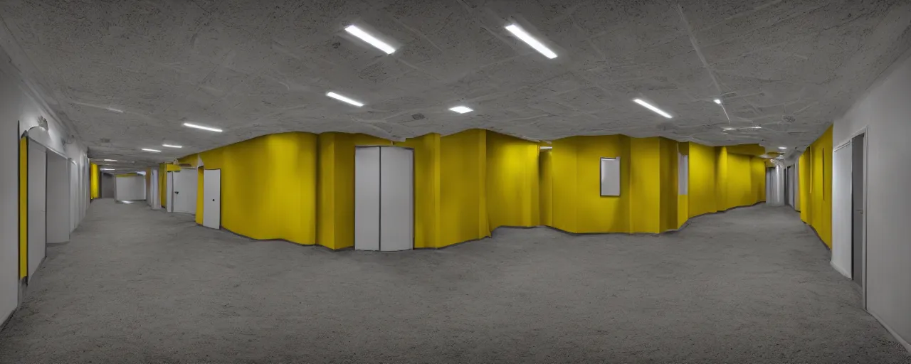 Prompt: the backrooms, walls with a monochromatic tone of yellow, and buzzing fluorescent lights, extremely high detail, photo realistic, post processed, cinematic, 8k UHD