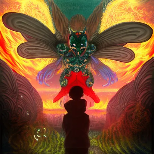 Image similar to 8K Portrait of centered chest up of a psychedelic godlike mothman with giant mandala wings smoking a hand-rolled cigarette smoking heavily , magic mushroom village in background , post-processing , award winning. superb resolution. in the art style of junji Ito and greg rutkowski . Detailed Mushroom city in background. Hyper realistic anime. Perfect art. Dalle2