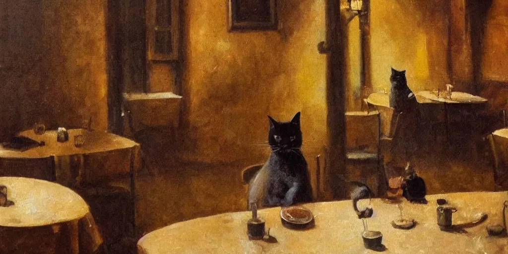 Image similar to brown cat with yellow eyes is sitting at table in a cafe at paris in early 2 0 th century. atmospheric feeling, warm colours, brown colours, yellow colours, epic scene, cinematic, very detailed, oil painting