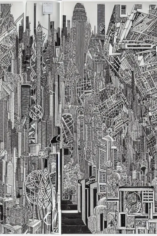 Image similar to a black and white drawing of a temple cityscape, a detailed mixed media collage by hiroki tsukuda and eduardo paolozzi and moebius, intricate linework, sketchbook psychedelic doodle comic drawing, geometric, street art, polycount, deconstructivism, matte drawing, academic art, constructivism