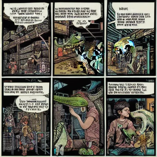 Prompt: intricate detailed comic panel illustration of cyborg punk street kids with a pet dinosaur in a warehouse rave, no speech bubbles, dystopian, cyberpunk, full-color