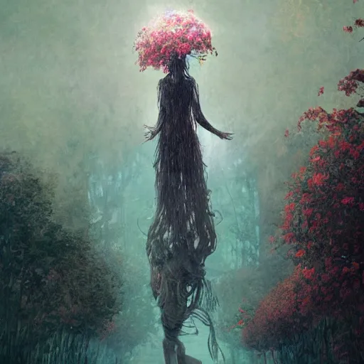 Prompt: a gigantic beautiful terrifying monster made of flowers looms over a tiny human. ethereal horror fantasy art by greg rutkowski and magali villanueve and monet